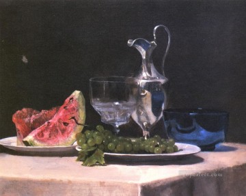 ジョン・ラファージ Painting - 銀ガラスと果物の静物画 ジョン・ラファージ